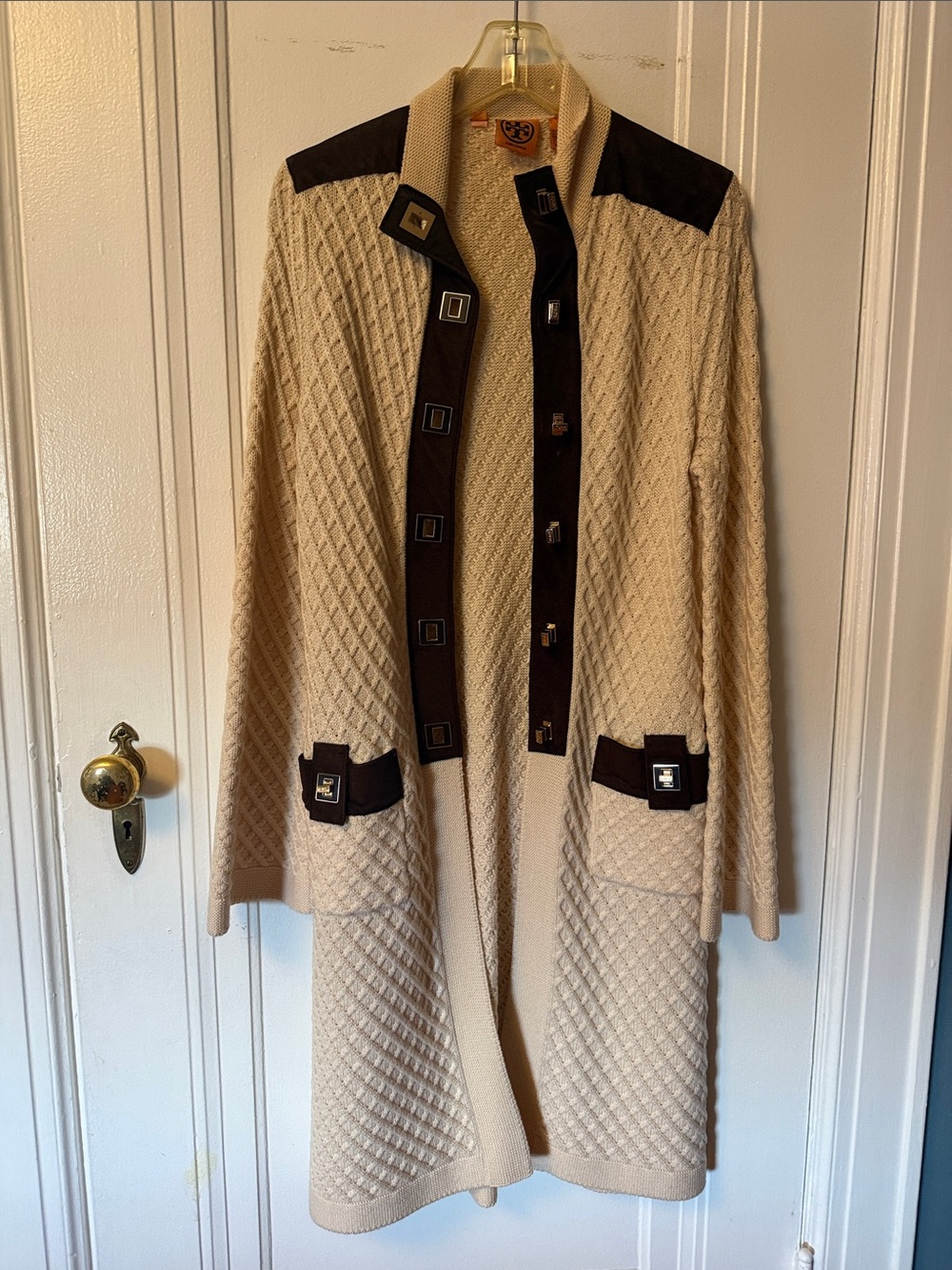 Tory Burch Cream Knit Long Cardigan with Dark Brown Trim